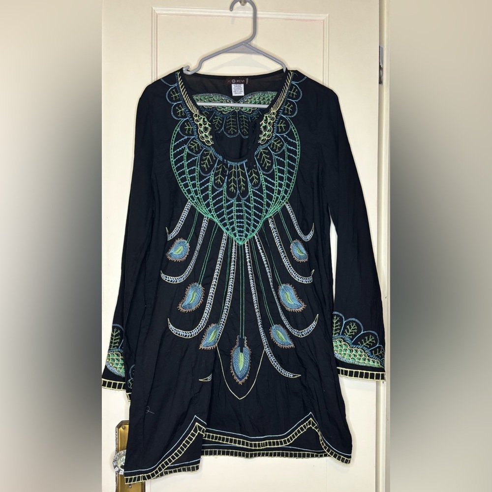 XCVI long sleeve tunic L Black Top with Green and Blue Embroidery $125